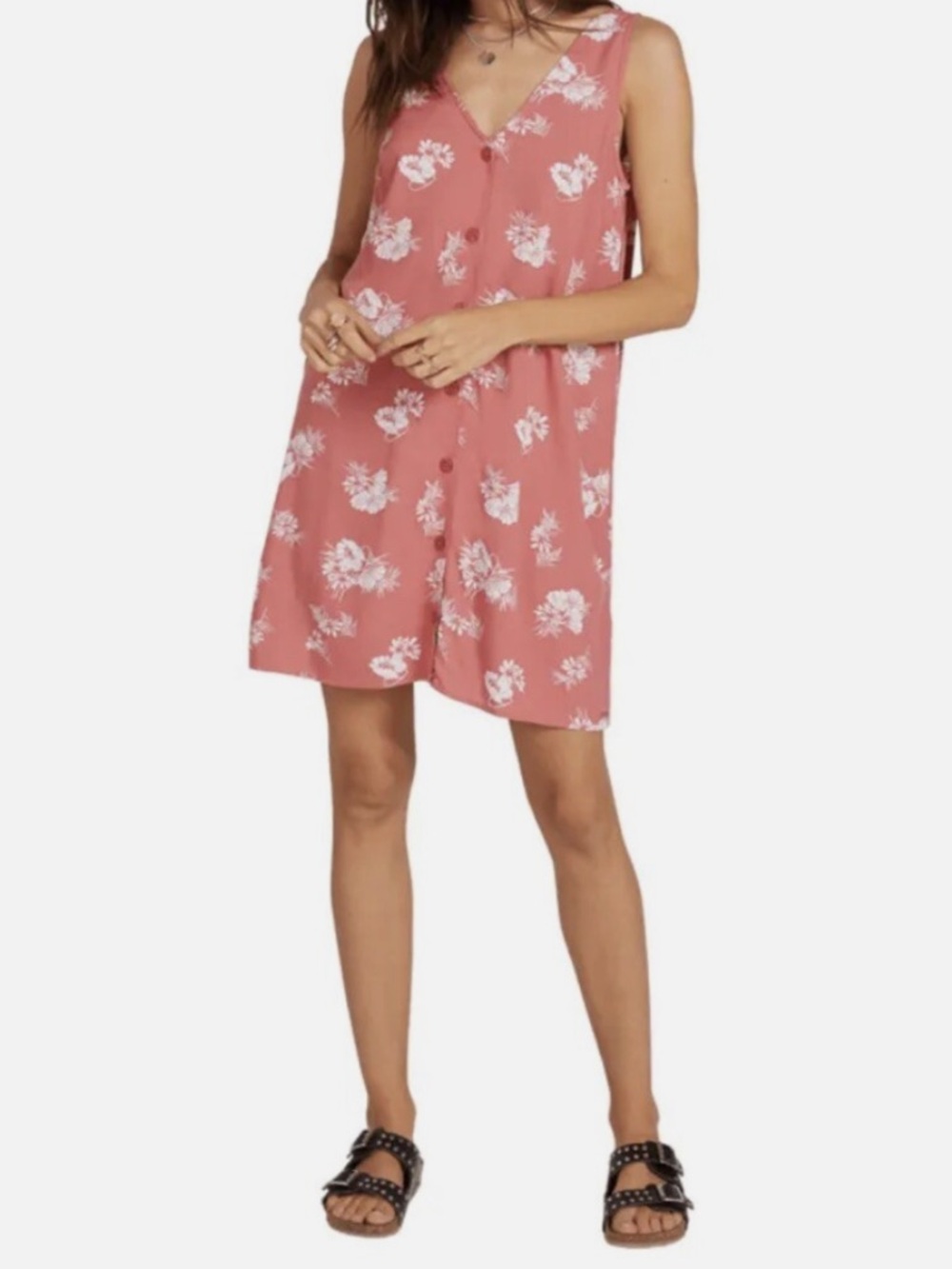 Volcom Women’s Dusty Rose Floral Button-Front Sleeveless Mini Dress Size L